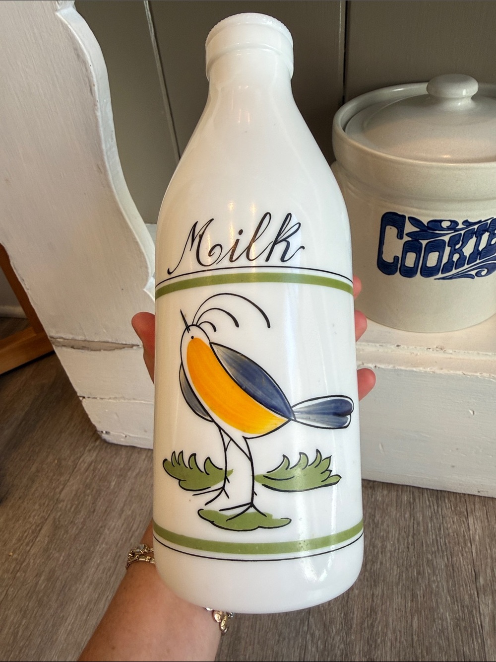 Vintage 1960’s Egizia Milk Glass Bottle with Yellow Handpainted Bird Design - Picture 6 of 6